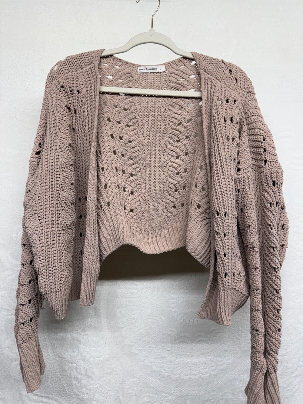 moon & madison Open-Knit Cropped Cardigan Sweater - Mauve Blush